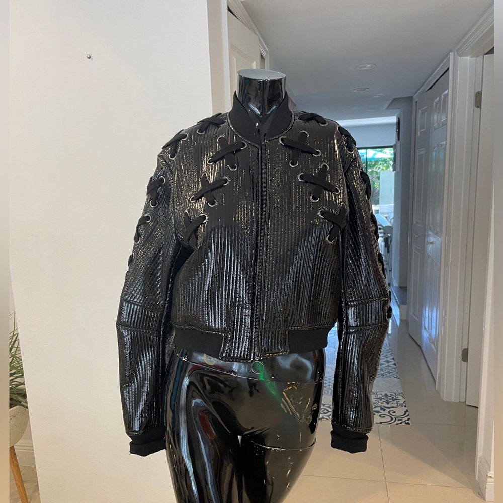 BCBG Black Bomber Jacket. S size Polyurethane and Spandex.. Very Good Condition